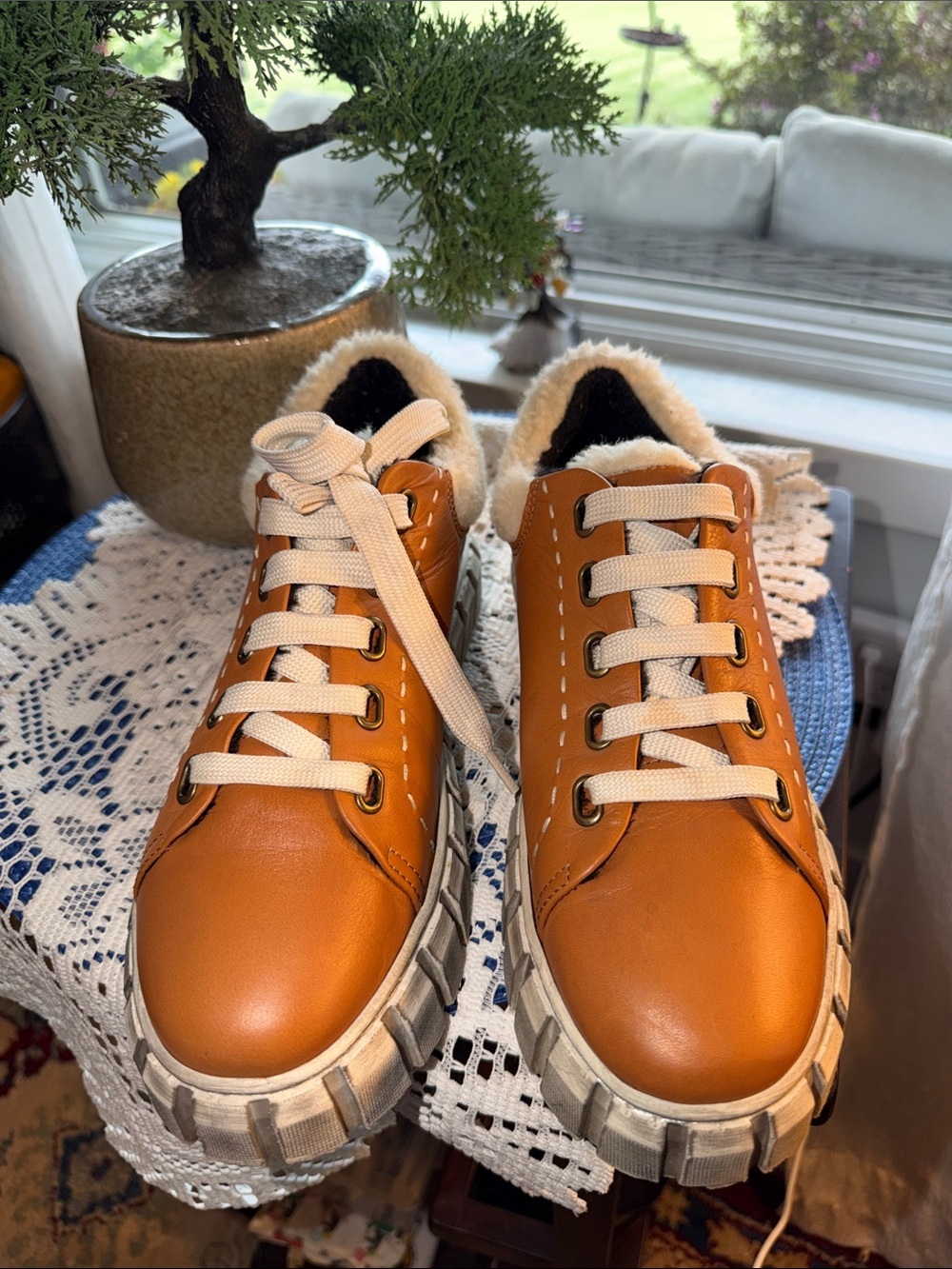 Women’s Tan Platform Sneakers with Faux Shearling Trim